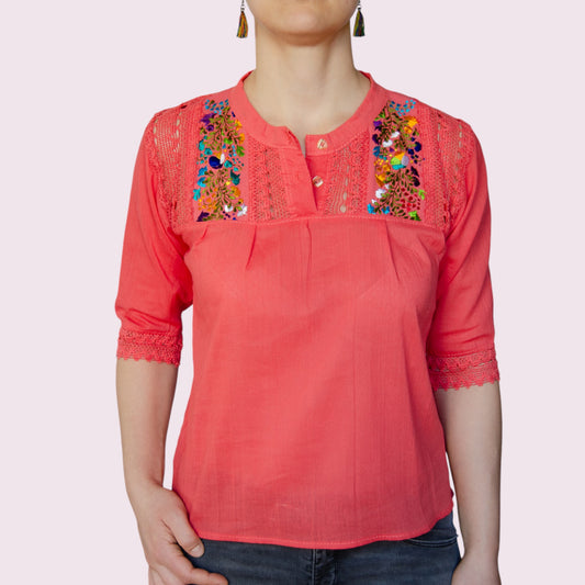 Handbestickte Bluse "Lina" aus Mexiko - lachs