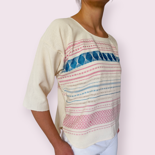 Gewebte Bluse "Serena" aus Mexiko - natur-blau-pink