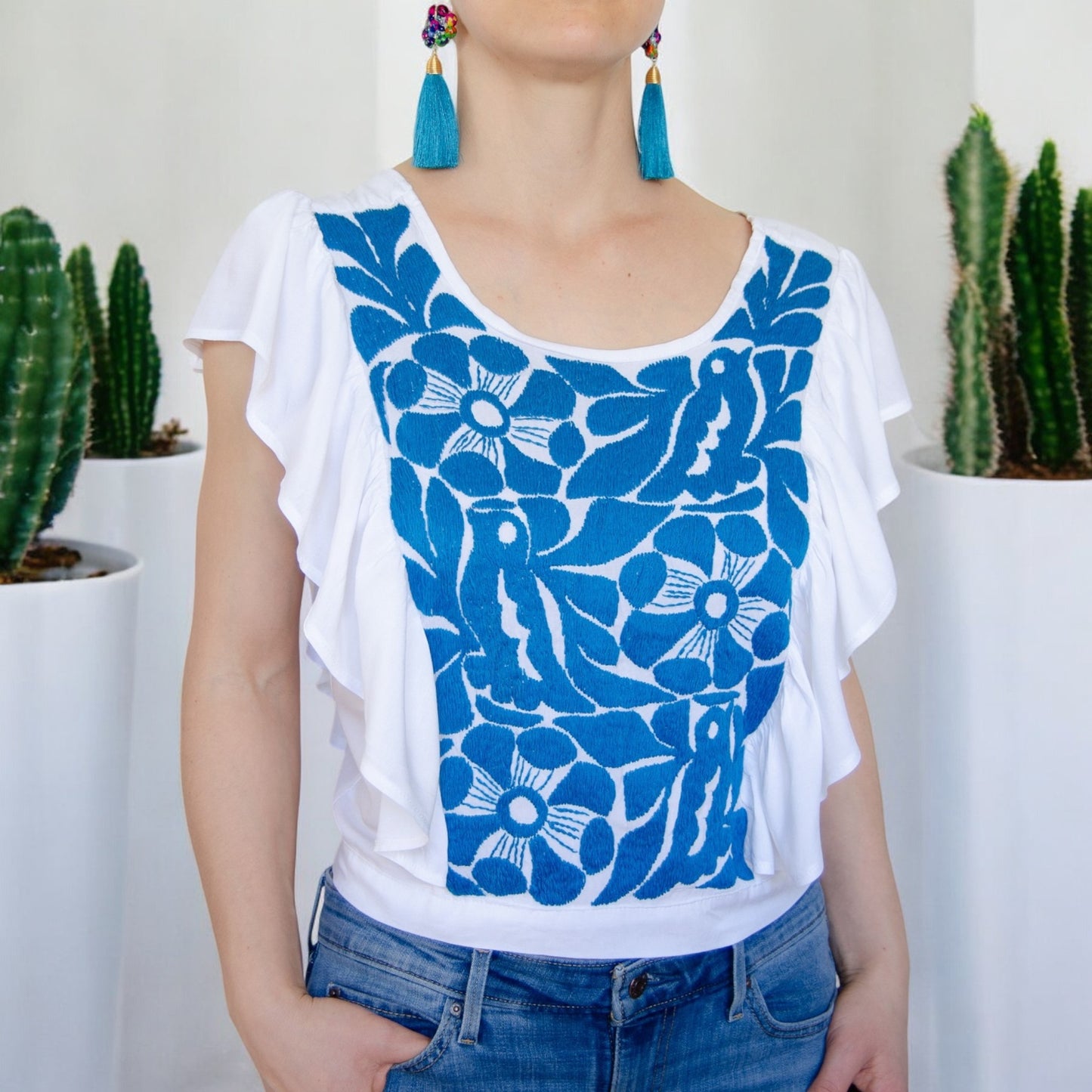 Handbestickte Bluse "Mariposa" aus Mexiko - blau