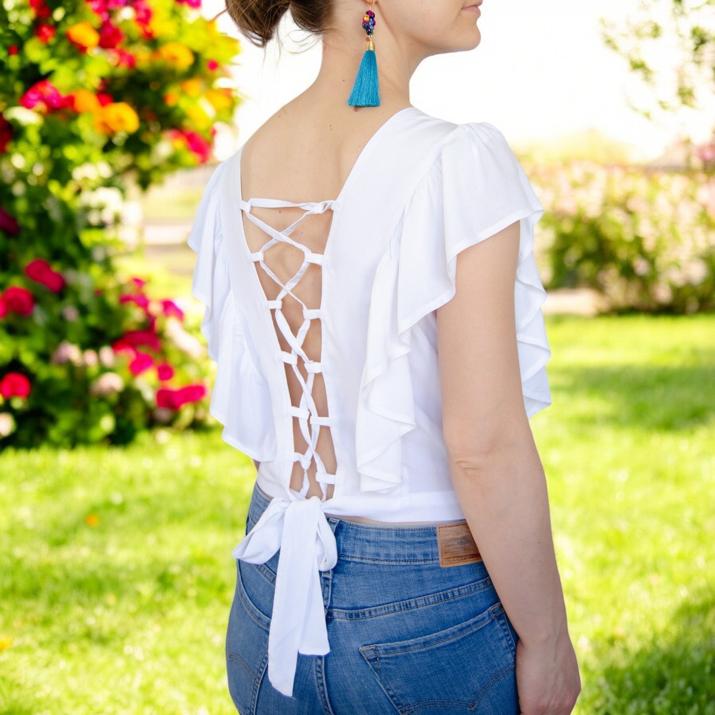 Handbestickte Bluse "Mariposa" aus Mexiko - blau