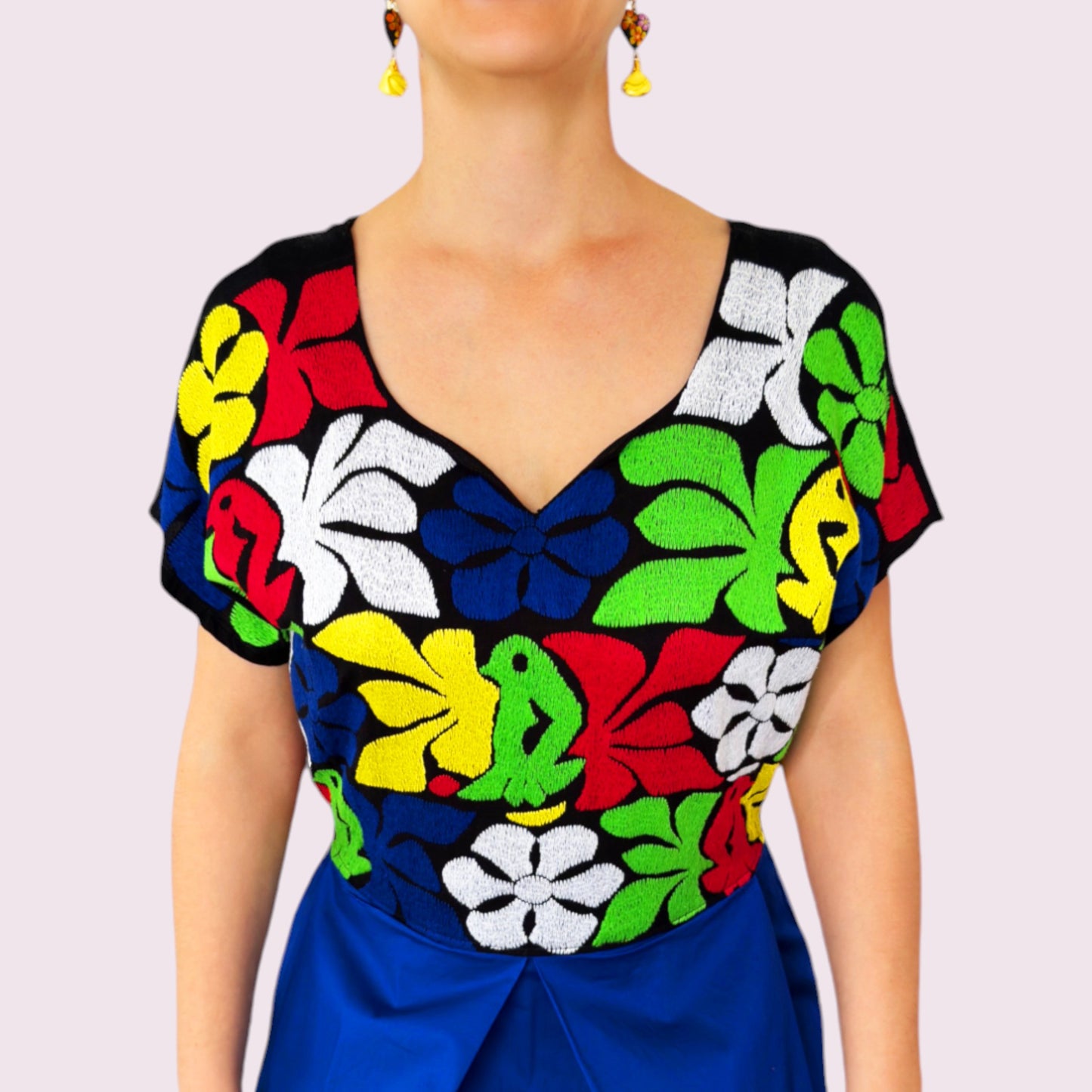 Handbesticktes Kleid "Sofia" aus Mexiko - königsblau-bunt