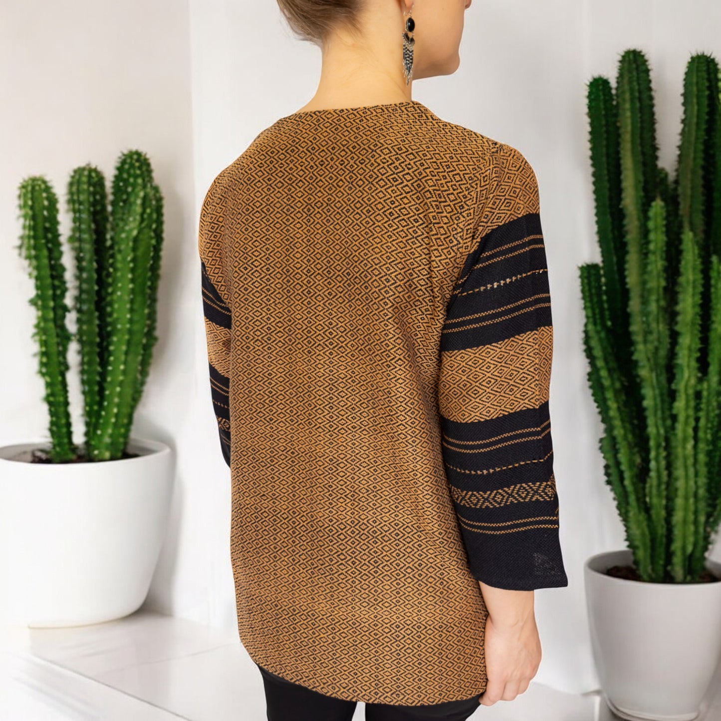 Gewebtes Sakko, Jacke "Cocol" aus Mexiko - beige-schwarz
