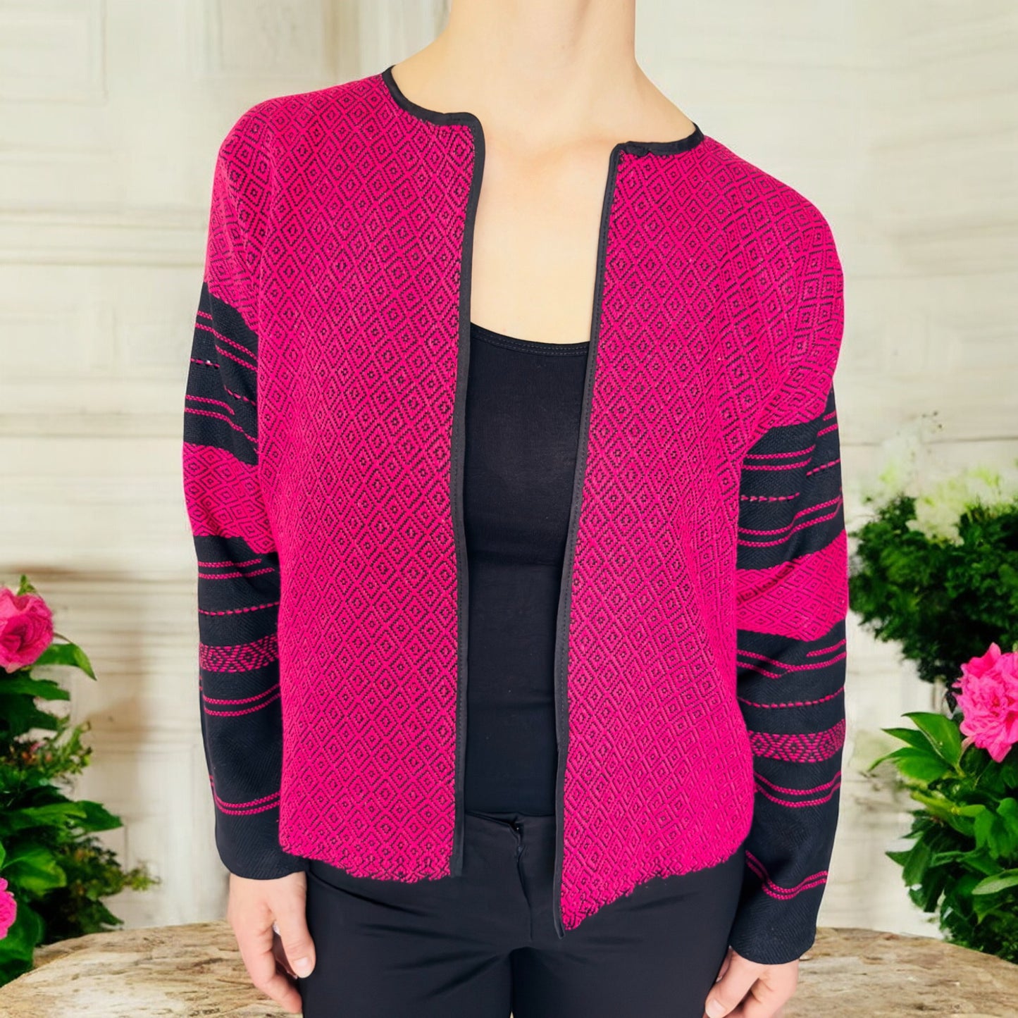 Gewebtes Sakko, Jacke "Cocol" aus Mexiko - pink-schwarz mit Saum