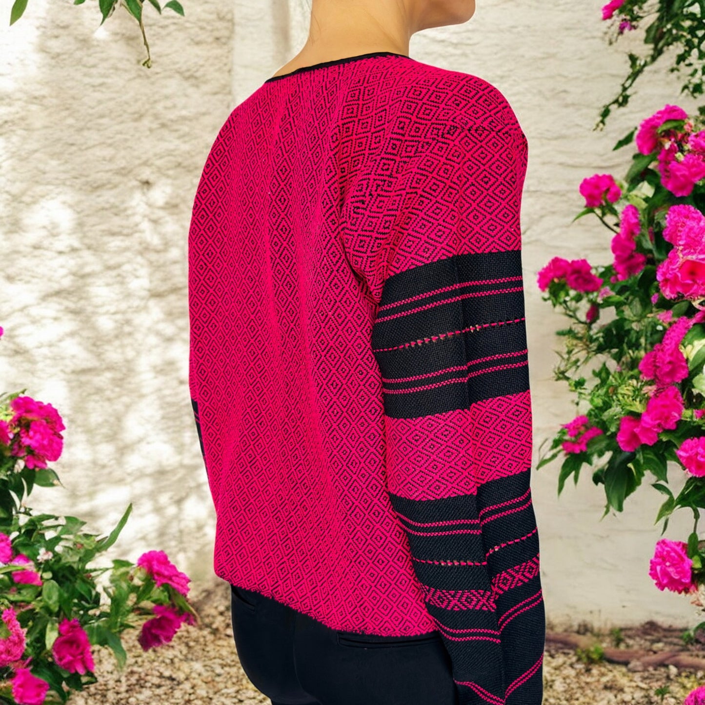 Gewebtes Sakko, Jacke "Cocol" aus Mexiko - pink-schwarz mit Saum