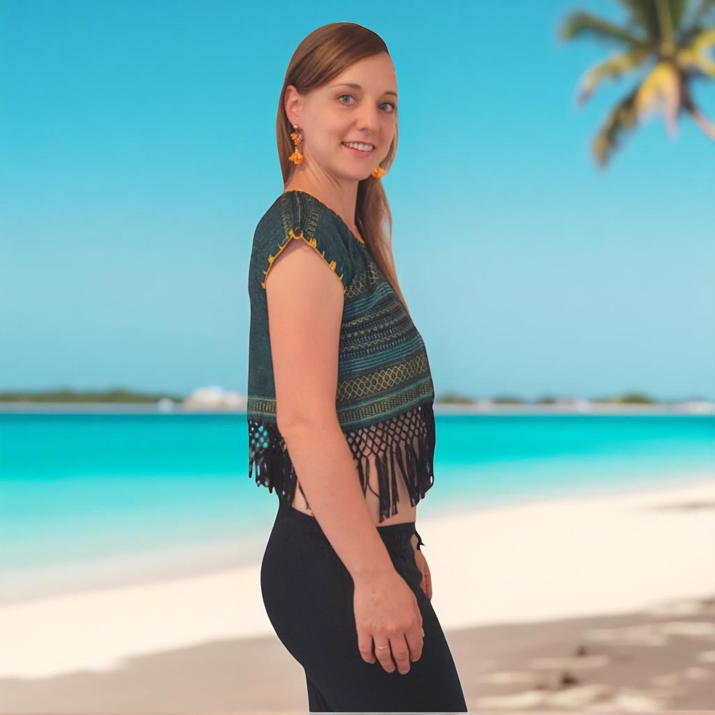 Gewebte Bluse mit Fransen "Caribe" aus Mexiko - dunkelgrün