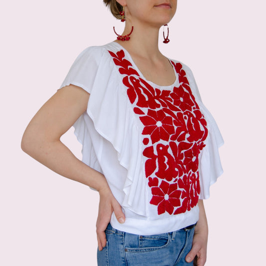 Handbestickte Bluse "Mariposa" - rot