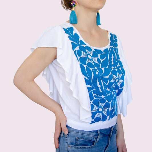 Handbestickte Bluse "Mariposa" - blau