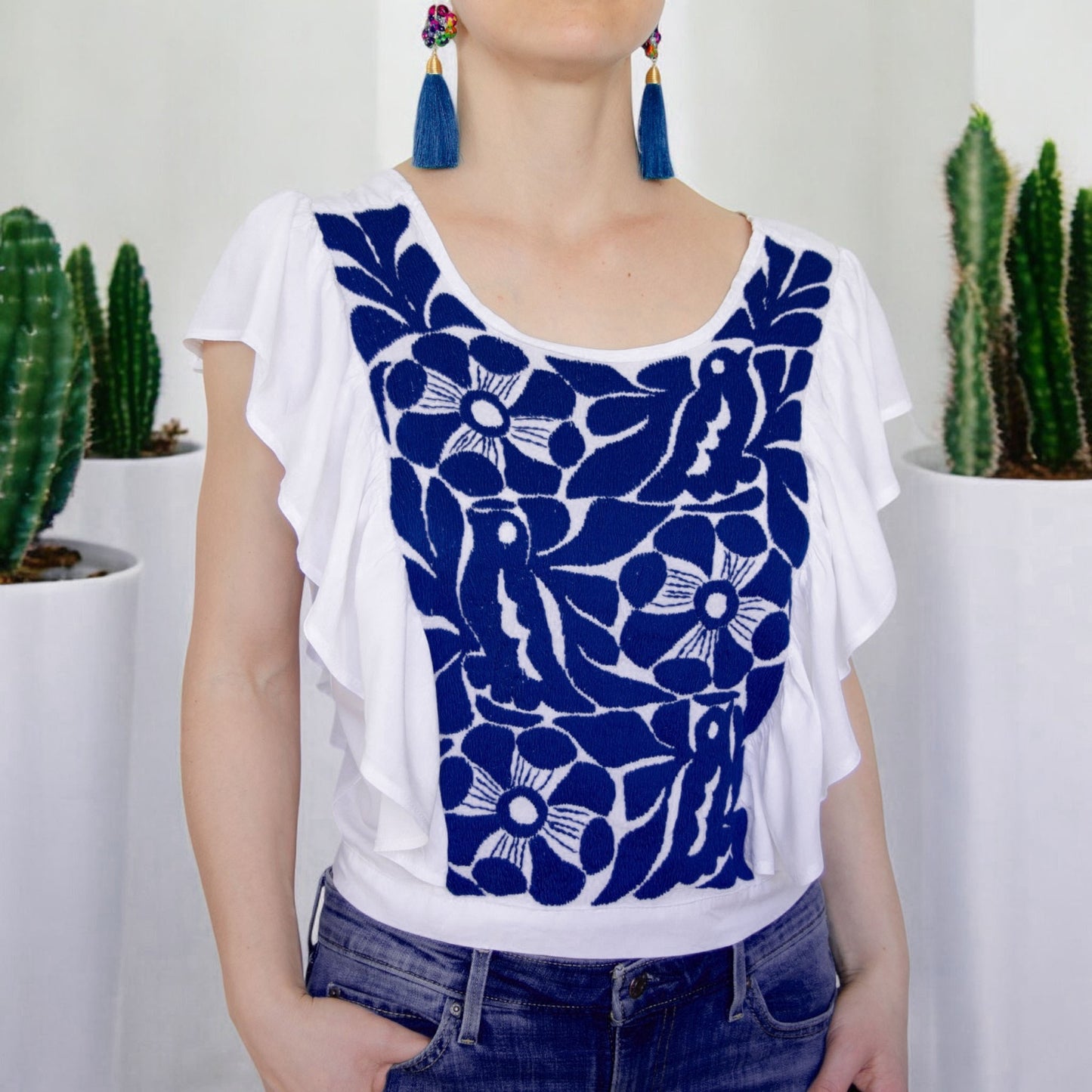 Handbestickte Bluse "Mariposa" aus Mexiko - dunkelblau