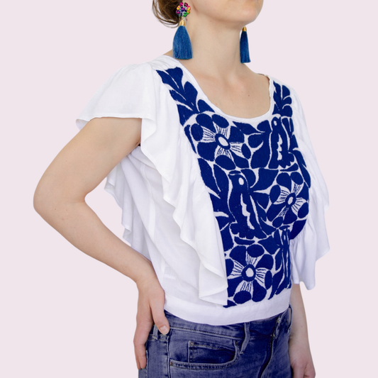 Handbestickte Bluse "Mariposa" aus Mexiko - dunkelblau