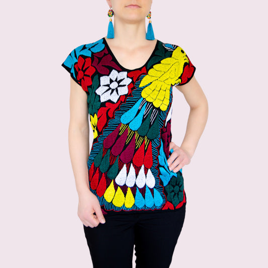 Handbestickte Bluse "Pavo Real" - bunt