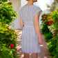 Gewebtes Kleid mit Gürtel und Raffung "Carmen" aus Mexiko - schwarz-weiß-beige