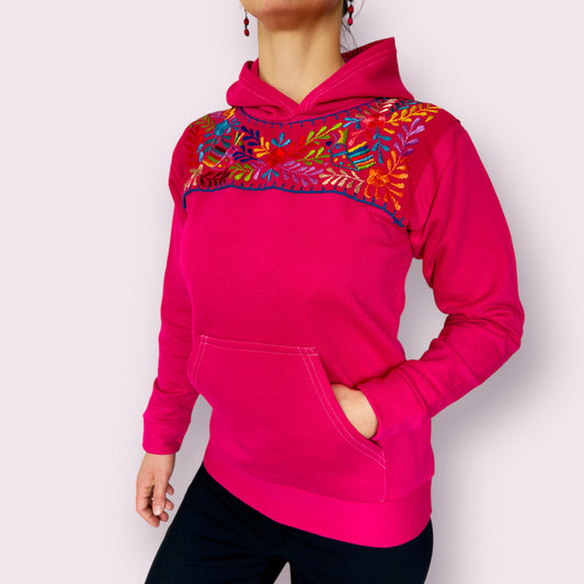 Handbestickter Hoodie, Kapuzenpulli "Paloma" aus Mexiko - pink